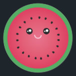 Adesivo Redondo Juicle Watermelon Slice Cute Kawaii Funny Foodie<br><div class="desc">Este design apresenta um em melão fofo e melancia suculenta de kawaii.</div>