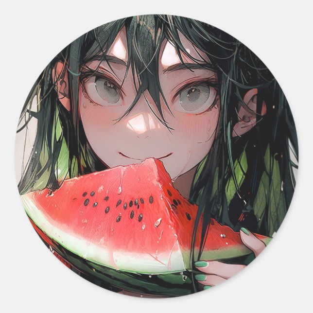 Adesivo Redondo Juicy Summer Watermelon Anime Girl (Frente)