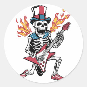 Adesivo Redondo Julho Skeleton tocando guitarra Rock E Roll Usa Sk