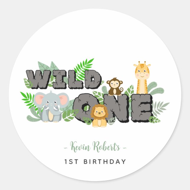 Adesivo Redondo Jungle Animal Wild One Party Stickers (Frente)
