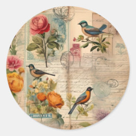 Adesivo Redondo Junk Journal Seite mit Blumen + Vögel -