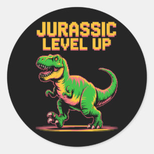 Adesivo Redondo Juric Level Up Pixel Dinossauro Aniversário Gamer 