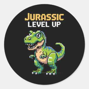 Adesivo Redondo Juric Level Up Pixel Dinossauro Retro Gamer 