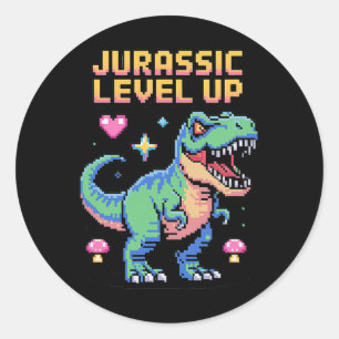 Adesivo Redondo Juric Level Up Pixel Dinossauro Retro Gamer 1 