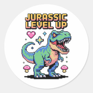 Adesivo Redondo Juric Nível Acima Dinossauro Pixel Gamer Retrô 1 