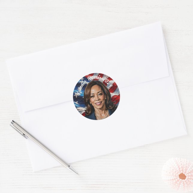 Adesivo Redondo Kamala Harris 2024 e American Flag (Envelope)