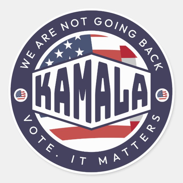 Adesivo Redondo Kamala Harris: Não vamos voltar (Frente)