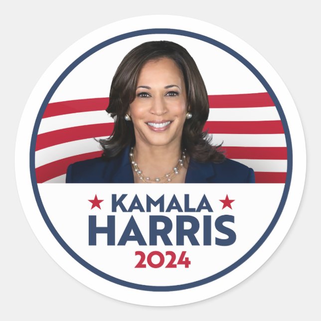 Adesivo Redondo Kamala Harris para o Presidente 2024 (Frente)