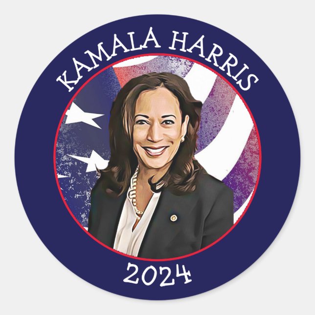 Adesivo Redondo Kamala Harris para o Presidente 2024 (Frente)