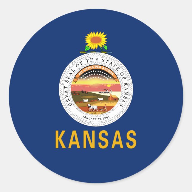 Adesivo Redondo Kansan Flag & Seal, Flag do Kansas (Frente)