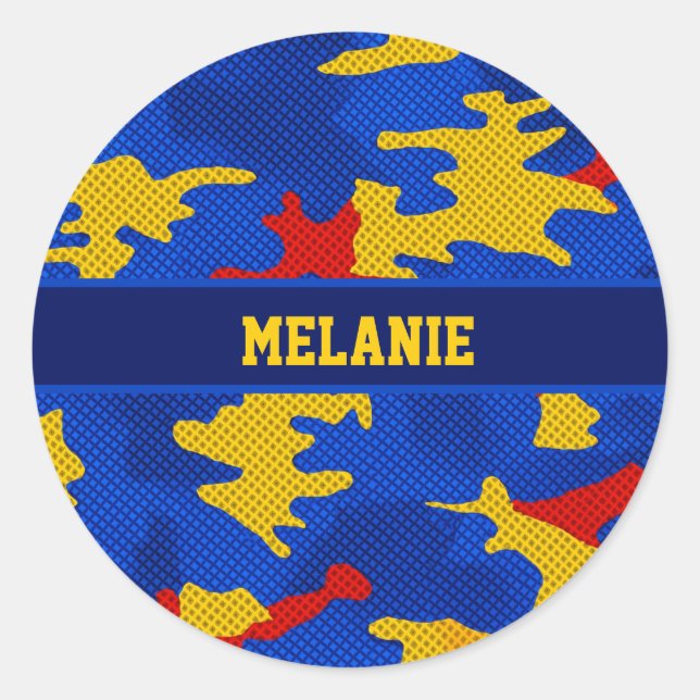 Adesivo Redondo Kansas Blue Red Yellow Vibrant Camo Pattern (Frente)