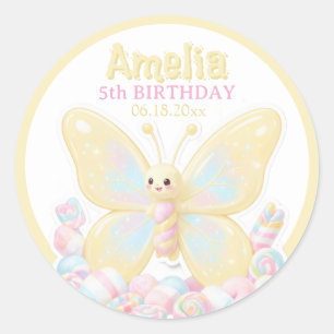 Adesivo Redondo Kawaii Amarelo Borboleta Círculo de Aniversário de