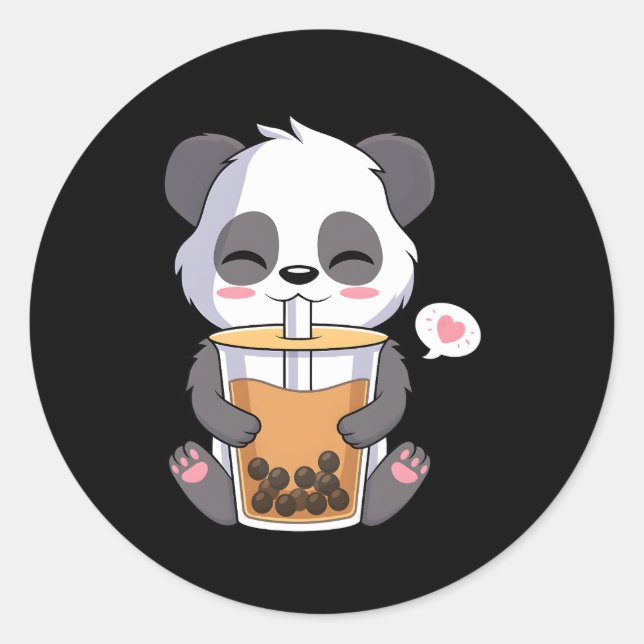 Adesivo Redondo Kawaii Anime Panda Bebendo Boba Bubble Tea (Frente)