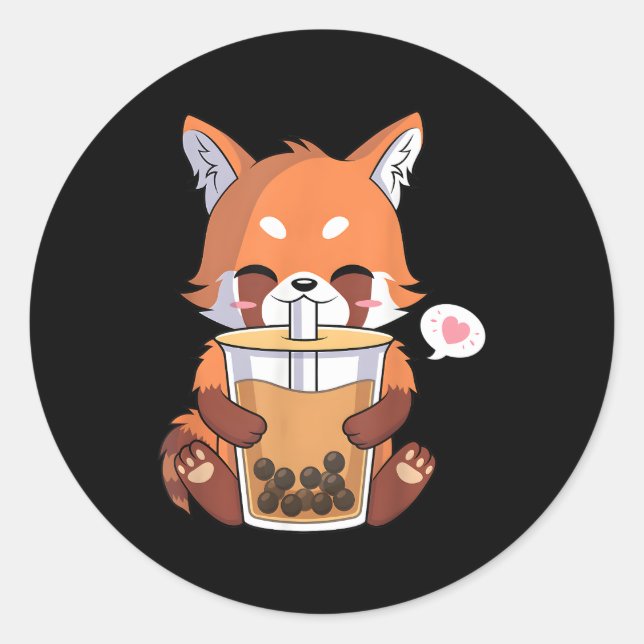 Adesivo Redondo Kawaii Anime Red Panda Bebendo Boba Bubble Tea (Frente)