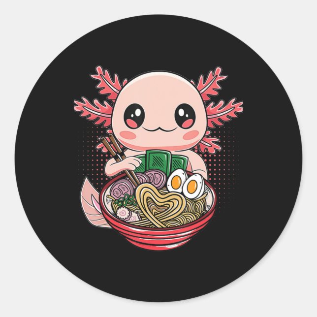Adesivo Redondo Kawaii Axolotl Comendo Ramen Nodles Anime Gift Gir (Frente)