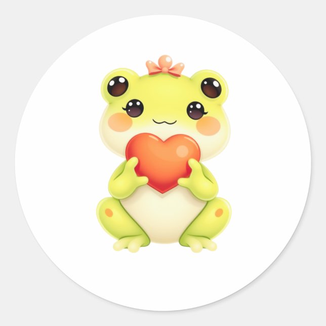 Adesivo Redondo Kawaii Baby Frog Holding a Heart (Frente)