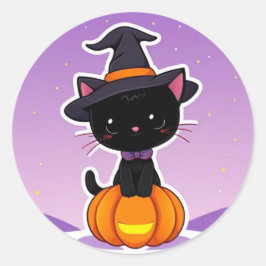 Adesivo Redondo Kawaii Black Cat Pumpkin Halloween Sticker