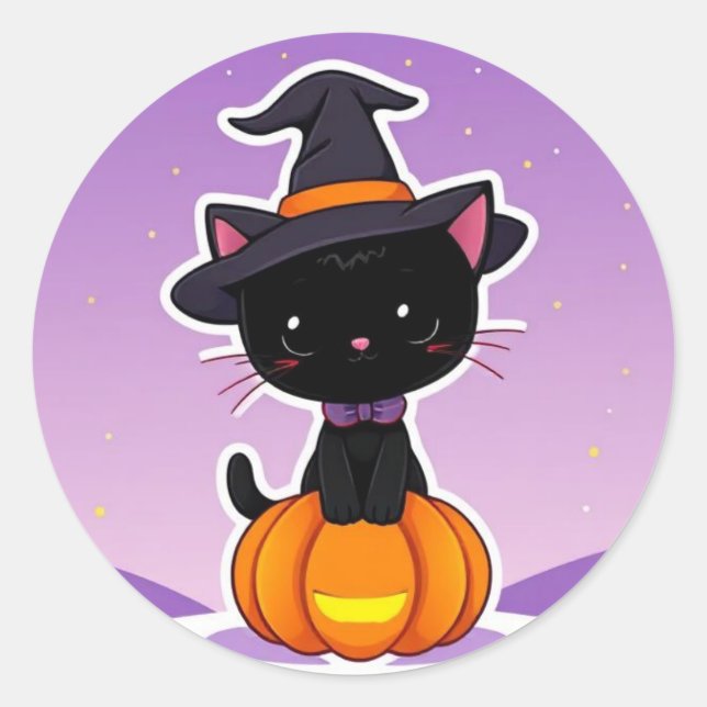 Adesivo Redondo Kawaii Black Cat Pumpkin Halloween Sticker (Frente)
