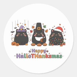 Adesivo Redondo Kawaii Black Cats Happy HalloThanksmas