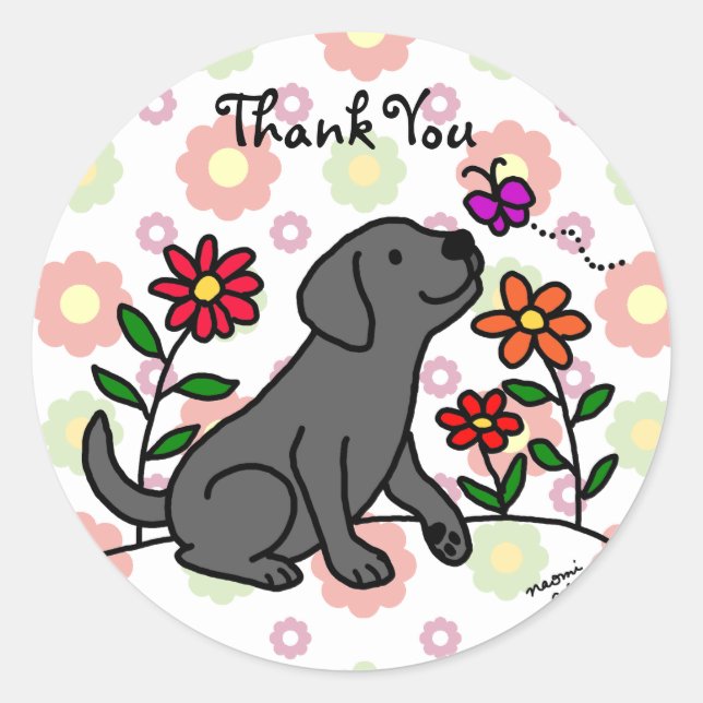 Adesivo Redondo Kawaii Black Labrador Cartoon Floral (Frente)