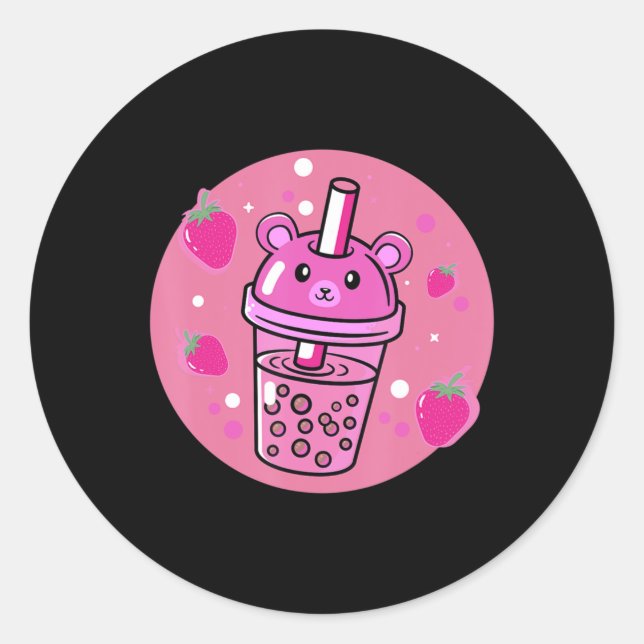 Adesivo Redondo Kawaii Boba Cup Strawberry Anime Bubble Tea Cute (Frente)