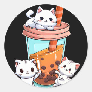 Adesivo Redondo Kawaii Boba Tea Cat Neko Bubble Tea Kitten