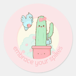 Adesivo Redondo Kawaii cactus abraça seu verdadeiro eu