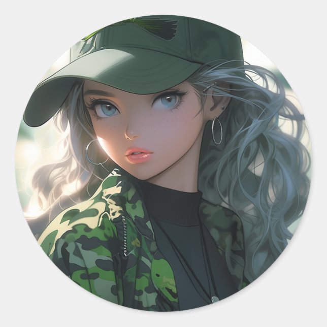 Adesivo Redondo Kawaii Camouflage Militar Hunter Drill Anime Girl (Frente)