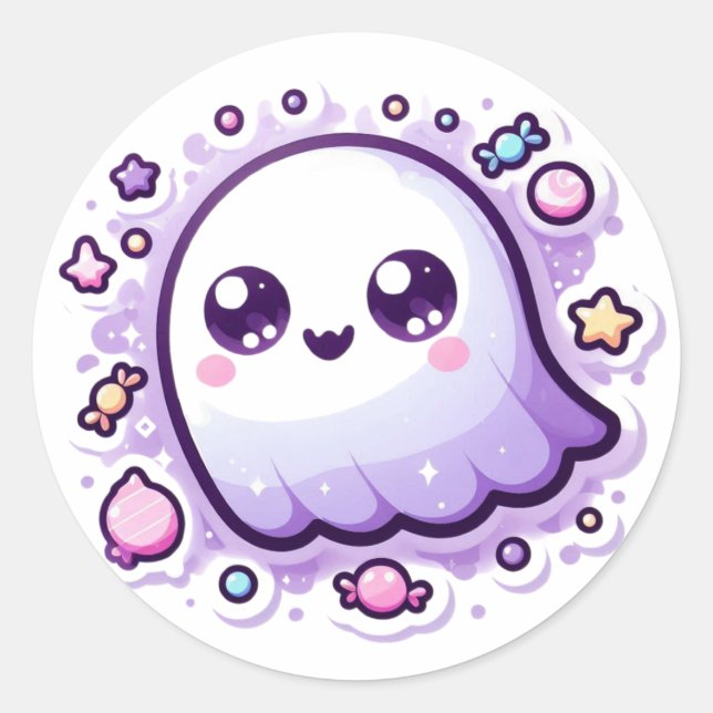 Adesivo Redondo Kawaii Candy Ghost Artesanato Sticker Cute Spooky  (Frente)