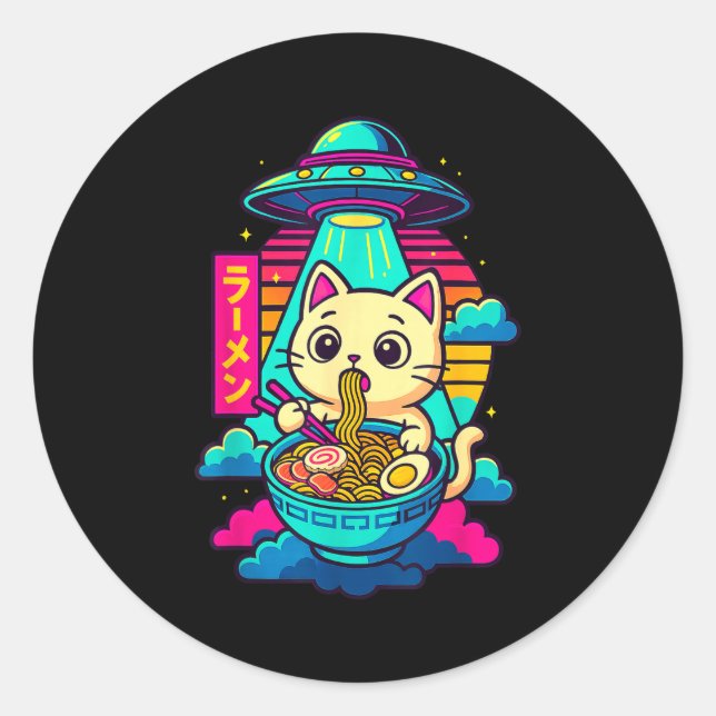 Adesivo Redondo Kawaii Cat Alien Ufo Ramen Graphic Tee Funny Japan (Frente)