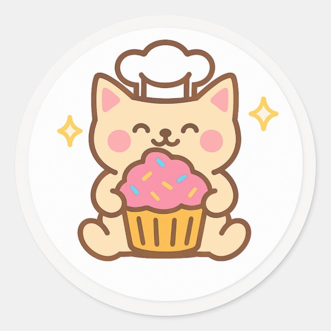 Adesivo Redondo Kawaii Cat Chef With Cupcake Sticker (Frente)