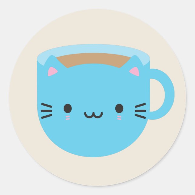 Adesivo Redondo Kawaii Cat Cup of Tea (Frente)