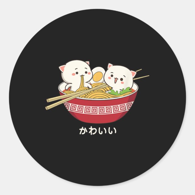 Adesivo Redondo Kawaii Cat Japonês Anime de Tóquio Ramen T Shirt (Frente)