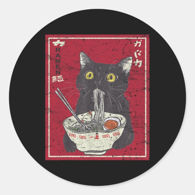 Adesivo Redondo Kawaii Cat Ramen Japonês Comida Engraçada Animes R (Frente)