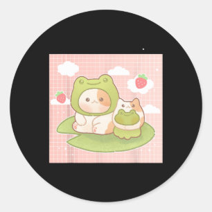 Adesivo Redondo Kawaii Cat Sapo Strawberry Retro 90s Cottagecore A