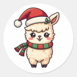 Adesivo Redondo Kawaii Christmas Cute Llama Vestindo Santa Hat