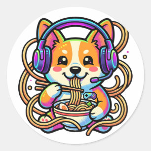 Adesivo Redondo Kawaii Cute Corgi Gamer Comendo Ramen Badge