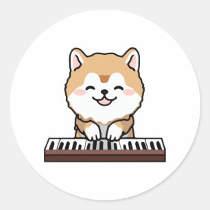 Adesivo Redondo Kawaii Cute Dog Tocando Teclado Piano