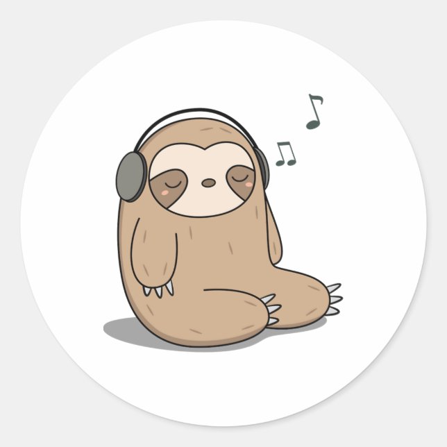Adesivo Redondo Kawaii Cute Sloth Ouvindo Música (Frente)