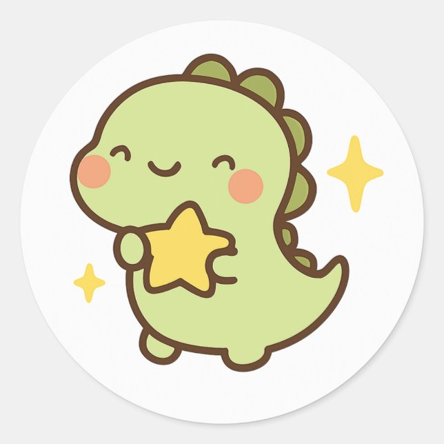 Adesivo Redondo Kawaii Dinosaur Holding Star Sticker (Frente)