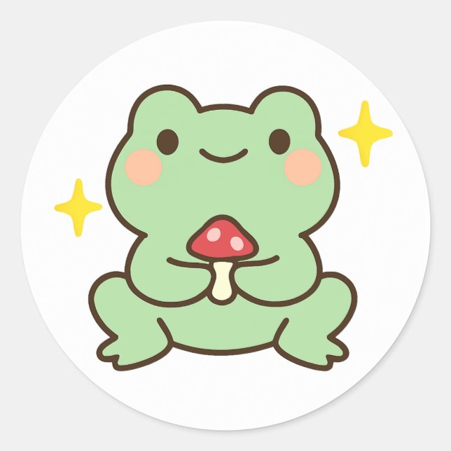 Adesivo Redondo Kawaii Frog Holding Mushroom Sticker (Frente)