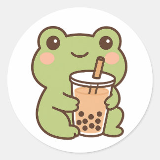 Adesivo Redondo Kawaii Frog With Bubble Tea Sticker