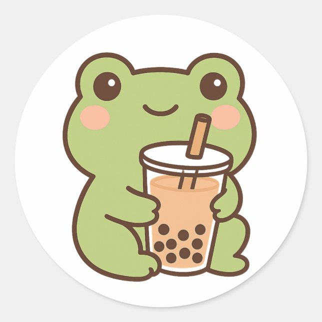 Adesivo Redondo Kawaii Frog With Bubble Tea Sticker (Frente)