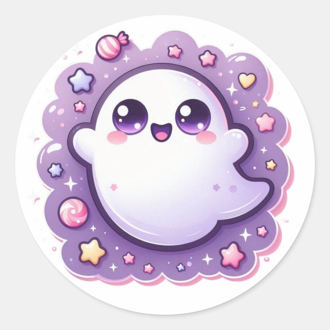 Adesivo Redondo Kawaii Ghost Artesanato Sticker Pastel Halloween C (Frente)