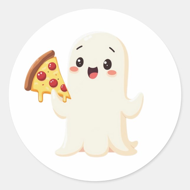 Adesivo Redondo Kawaii Ghost com Pizza (Frente)
