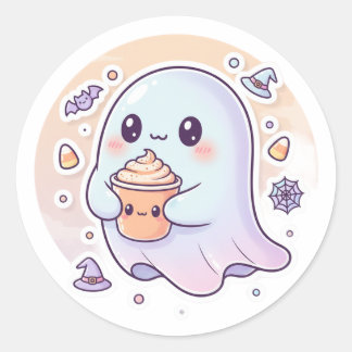 Adesivo Redondo Kawaii Ghost com Pumpkin Latte - Bonito Halloween