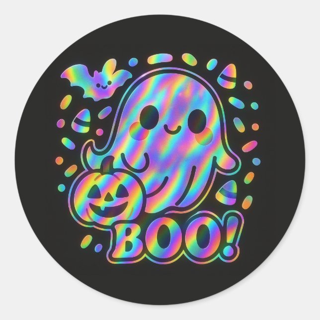 Adesivo Redondo Kawaii Ghost Halloween Sticker with Pumpkin & Bat (Frente)
