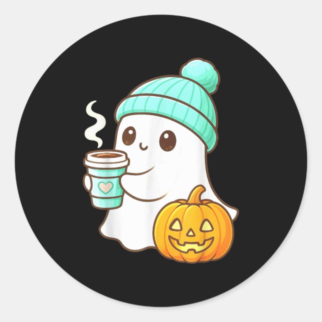 Adesivo Redondo Kawaii Ghost With Pumpkin Coffee Cozy Halloween Au (Frente)