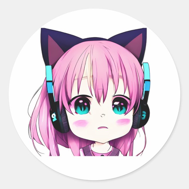 Adesivo Redondo Kawaii Girl com Fones de ouvido (Frente)