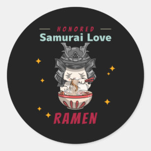 Adesivo Redondo Kawaii Honrou Samurai Cat Eat Ramen
